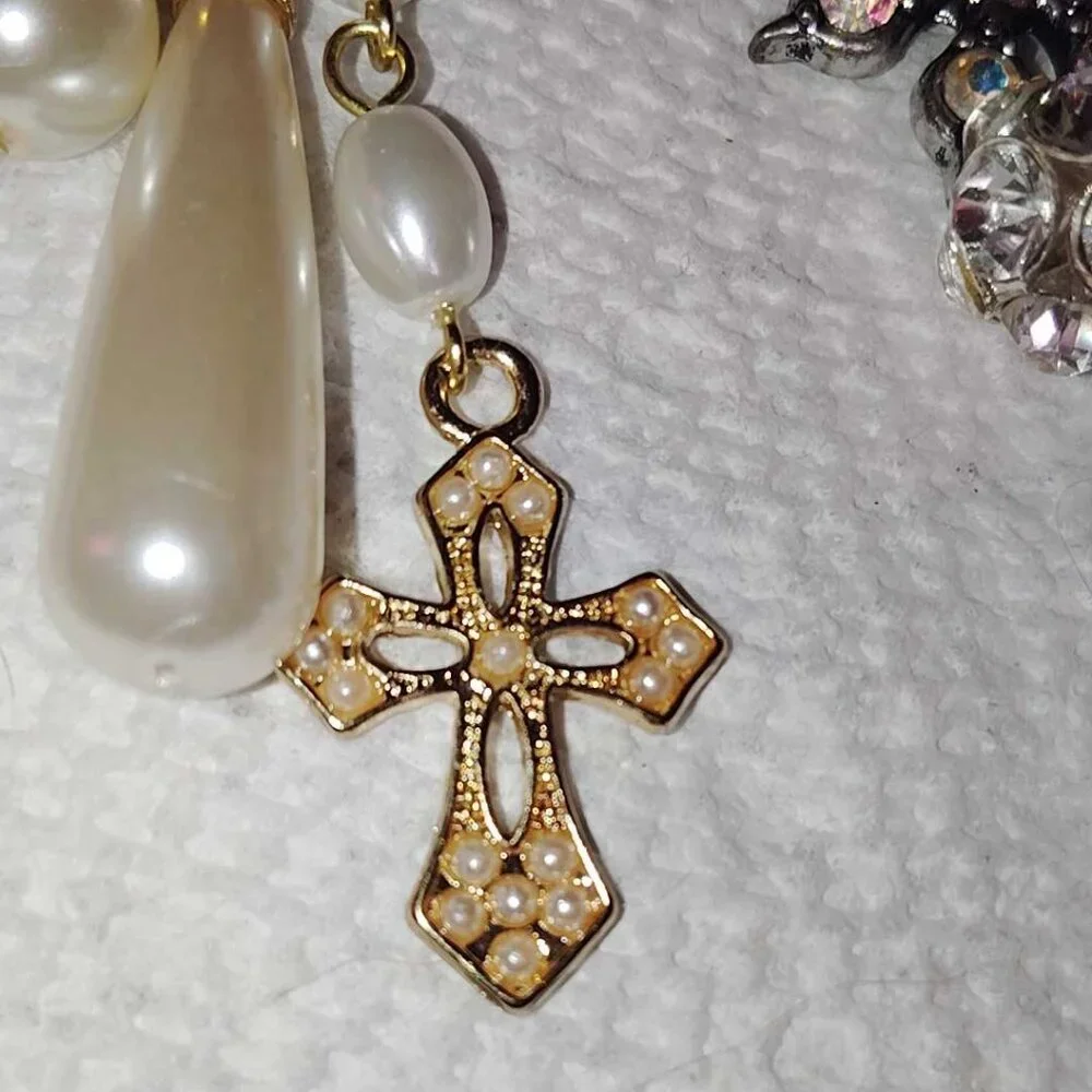 Handmade Bookmark Silver Tone With Dangling White Faux Pearls & Golden Cross